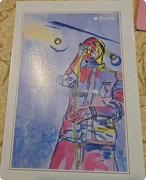 Loose colorful postcard of a skier in a pink jacket against a snowy blue sky