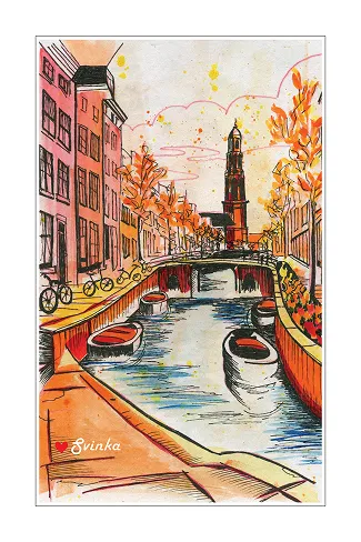 Hand-drawn postcard of an Amsterdam canal lined with boats and a church tower