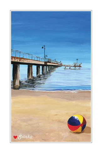 Hand-drawn postcard of a colorful beach ball on the sand beside a pier