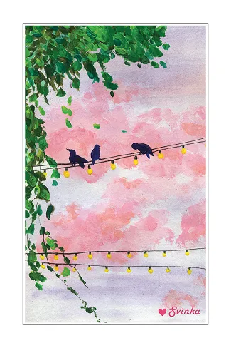 Hand-drawn postcard of birds on a wire beneath a pink evening sky with string lights