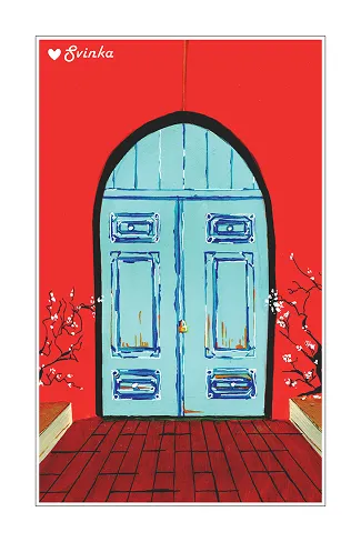 Hand-drawn postcard of a blue arched doorway set in a red wall