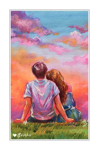 Romantic card of a couple on the grass watching a colorful sunset
