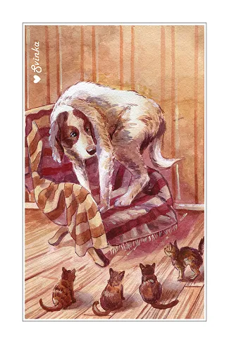 Cozy illustrated card of a dog tucked under a blanket beside a row of kittens