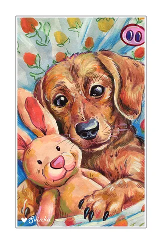 Hand-drawn postcard of a dachshund puppy snuggling a pink bunny toy