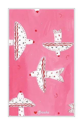 Hand-illustrated card of white birds in flight across a soft pink sky