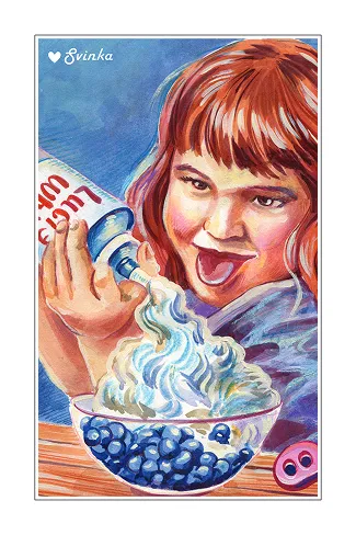Hand-illustrated card of a girl pouring cream over fresh blueberries