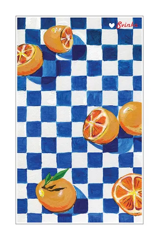 Hand-drawn postcard of fresh oranges and slices on a blue-and-white checkerboard