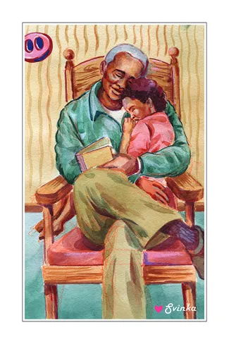 Tender illustrated card of a grandfather cradling a sleeping grandchild