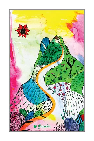 Hand-drawn postcard of the Great Wall of China winding over green hills, with a ladybug