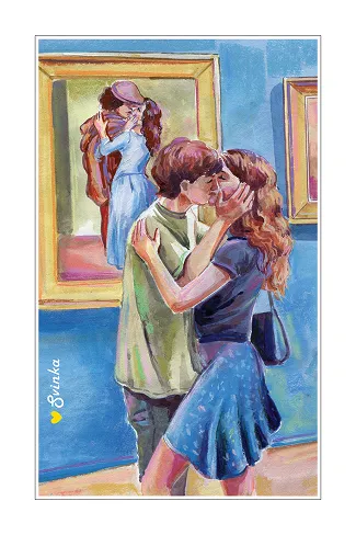 Romantic postcard of a couple sharing a kiss in an art gallery
