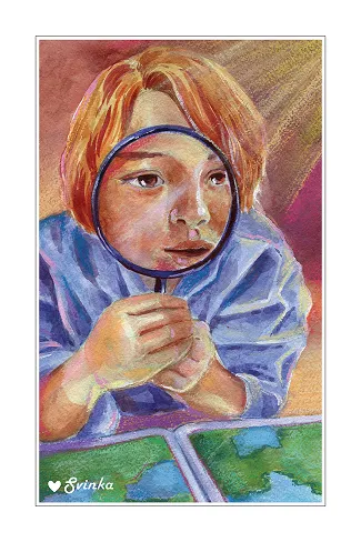 Adventurous postcard of a little explorer reading a map through a magnifying glass