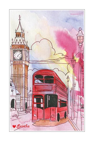 Hand-drawn postcard of a red double-decker bus passing Big Ben in London