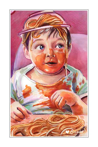 Playful postcard of a messy toddler happily eating spaghetti