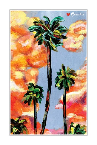 Hand-drawn postcard of palm trees silhouetted against an orange sunset