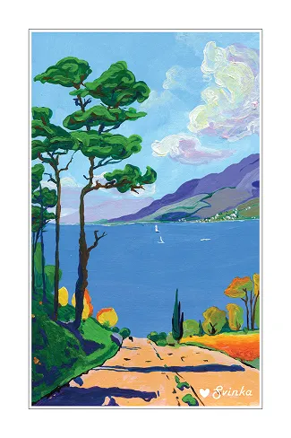 Illustrated postcard of a pine-lined coast overlooking a bay dotted with sailboats