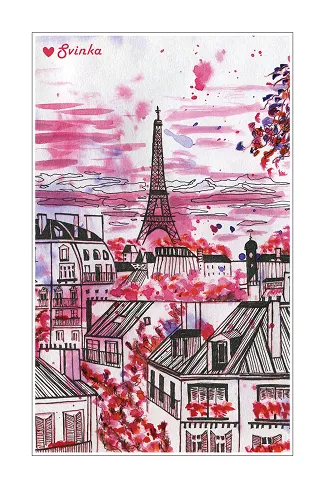 Pink-toned postcard of Paris rooftops and the Eiffel Tower