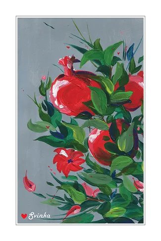 Hand-painted postcard of ripe red pomegranates among green leaves