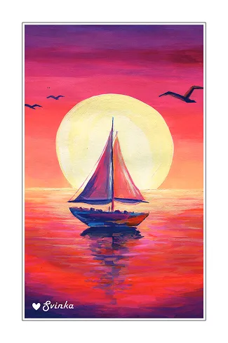 Hand-painted mail art of a sailboat drifting into a golden sunset