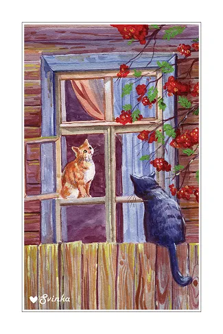 Hand-illustrated card of two cats meeting at a rustic window with rowan berries