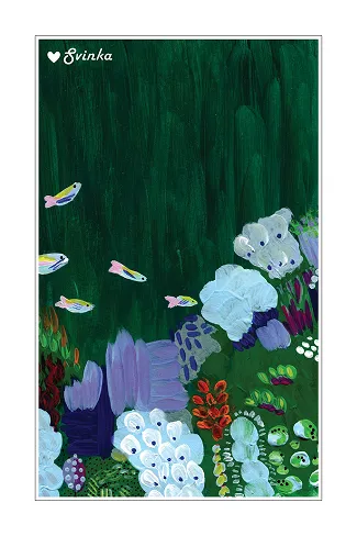 Dreamy postcard of fish gliding over an underwater garden of flowers