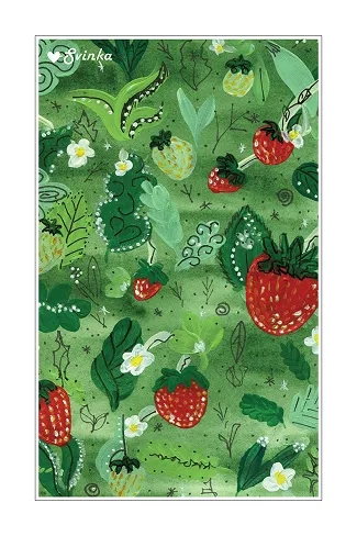 Hand-painted card of wild strawberries, leaves and little ladybugs