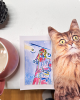 Vivid abstract-figure postcard standing next to a startled long-haired orange cat