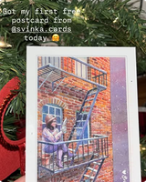 Painted postcard of a person on the wooden balcony of an old brick building