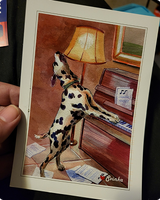 Watercolor postcard of a Dalmatian playing an upright piano by a glowing lamp