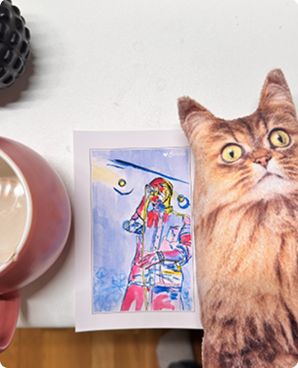 Colorful watercolor postcard of an abstract figure beside a wide-eyed ginger cat