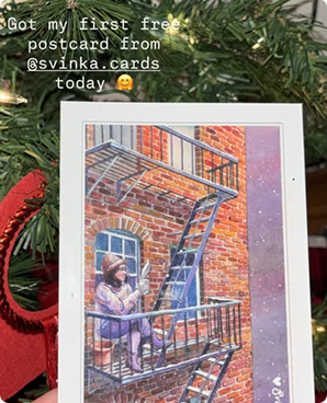 Painted postcard of a person on the wooden balcony of an old brick building