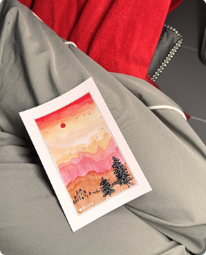 Watercolor postcard of a red sunset over pink mountains with two pine trees
