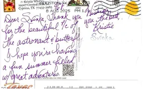 Postcard from Kristie in Texas thanking Svinka for the astronaut and butterfly art