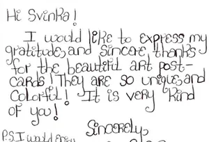 Handwritten letter expressing gratitude for Svinka's unique and colorful art postcards