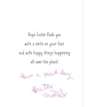 Easter greeting card wishing Svinka a smile and happy things, signed Heather Melrose