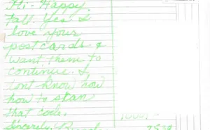 Green-ink card saying the writer loves Svinka's postcards and wants them to continue