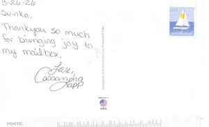 Postcard from Cassandra thanking Svinka for bringing joy to her mailbox