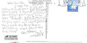 Postcard from Heather in Dallas saying Svinka's art postcards make her day