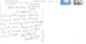 Museum postcard from Heather Melrose thanking Svinka for sharing her postcards