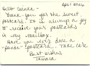 Handwritten note from Tamara thanking Svinka and asking for a panda postcard