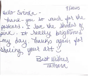 Handwritten note thanking Svinka for a postcard in lovely shades of pink