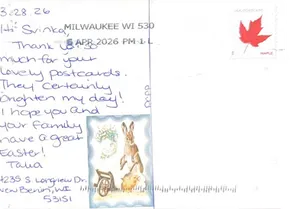 Postcard with a rabbit illustration from Talia in Wisconsin thanking Svinka for the lovely postcards