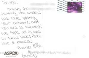 ASPCA postcard from the Brande Rice family thanking Svinka for sending smiles