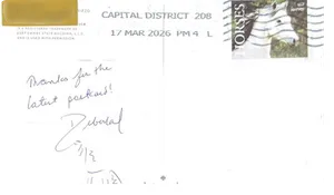 Postmarked postcard from Deborah thanking Svinka for the latest postcard