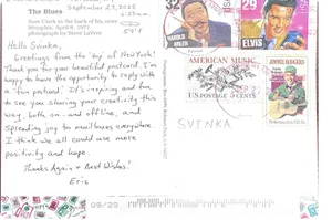 Music-themed postcard from Eric with vintage US stamps and greetings from the top of New York